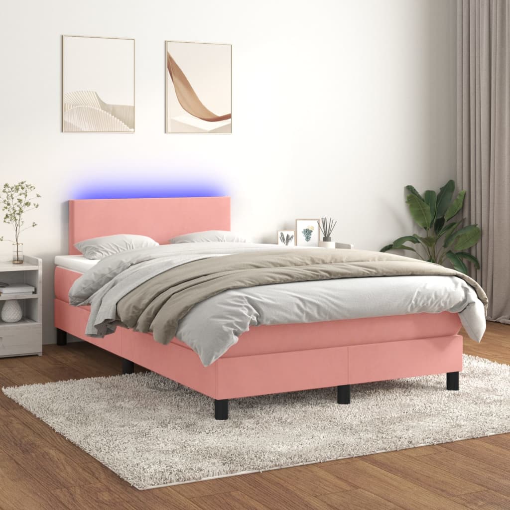 vidaXL Łóżko kontynentalne z materacem i LED, różowy aksamit 120x200cm