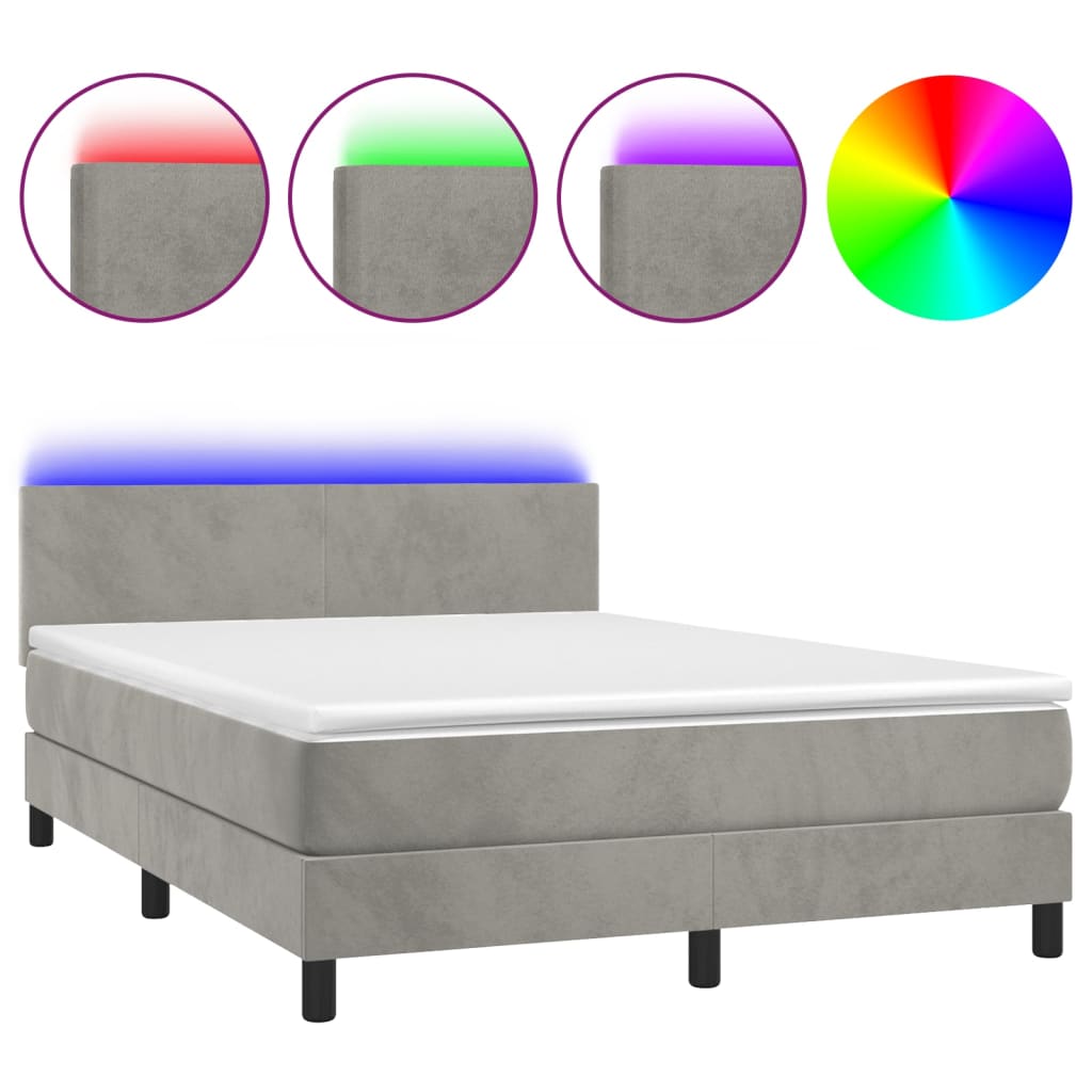 vidaXL Łóżko kontynentalne z materacem i LED, jasnoszare, 140x190cm, aksamit