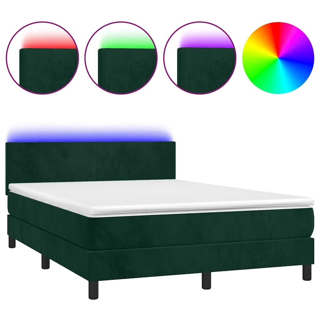 vidaXL Łóżko kontynentalne z materacem i LED zielony aksamit 140x190cm