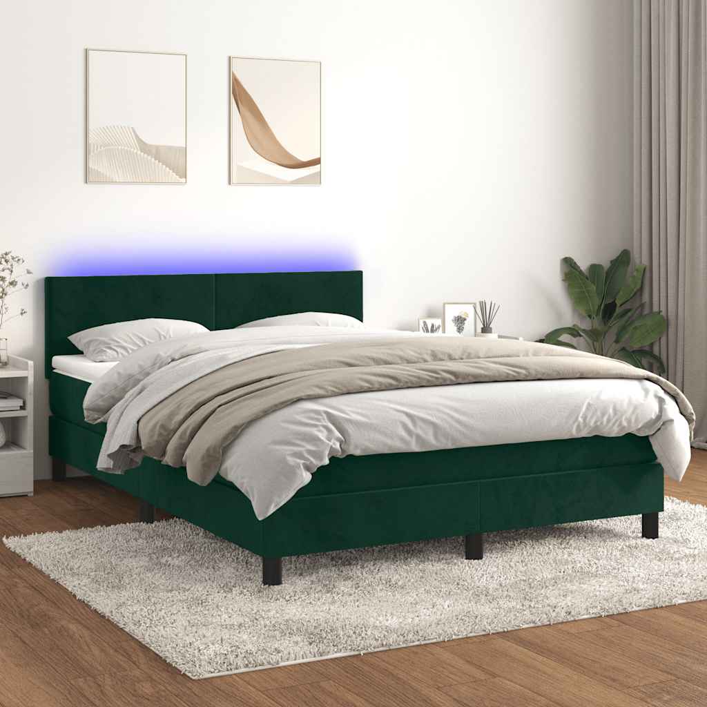 vidaXL Łóżko kontynentalne z materacem i LED zielony aksamit 140x190cm