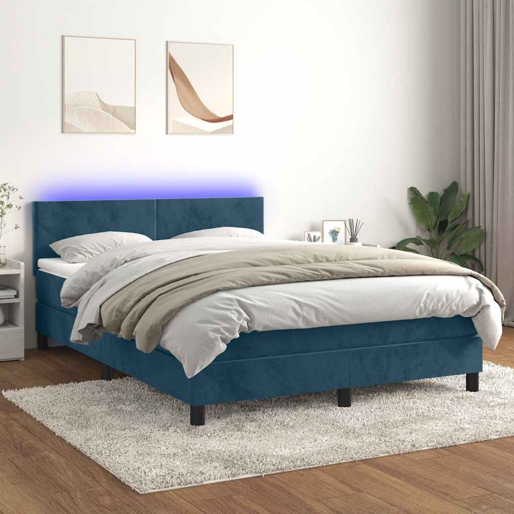 vidaXL Łóżko kontynentalne, materac i LED, niebieski aksamit 140x190cm