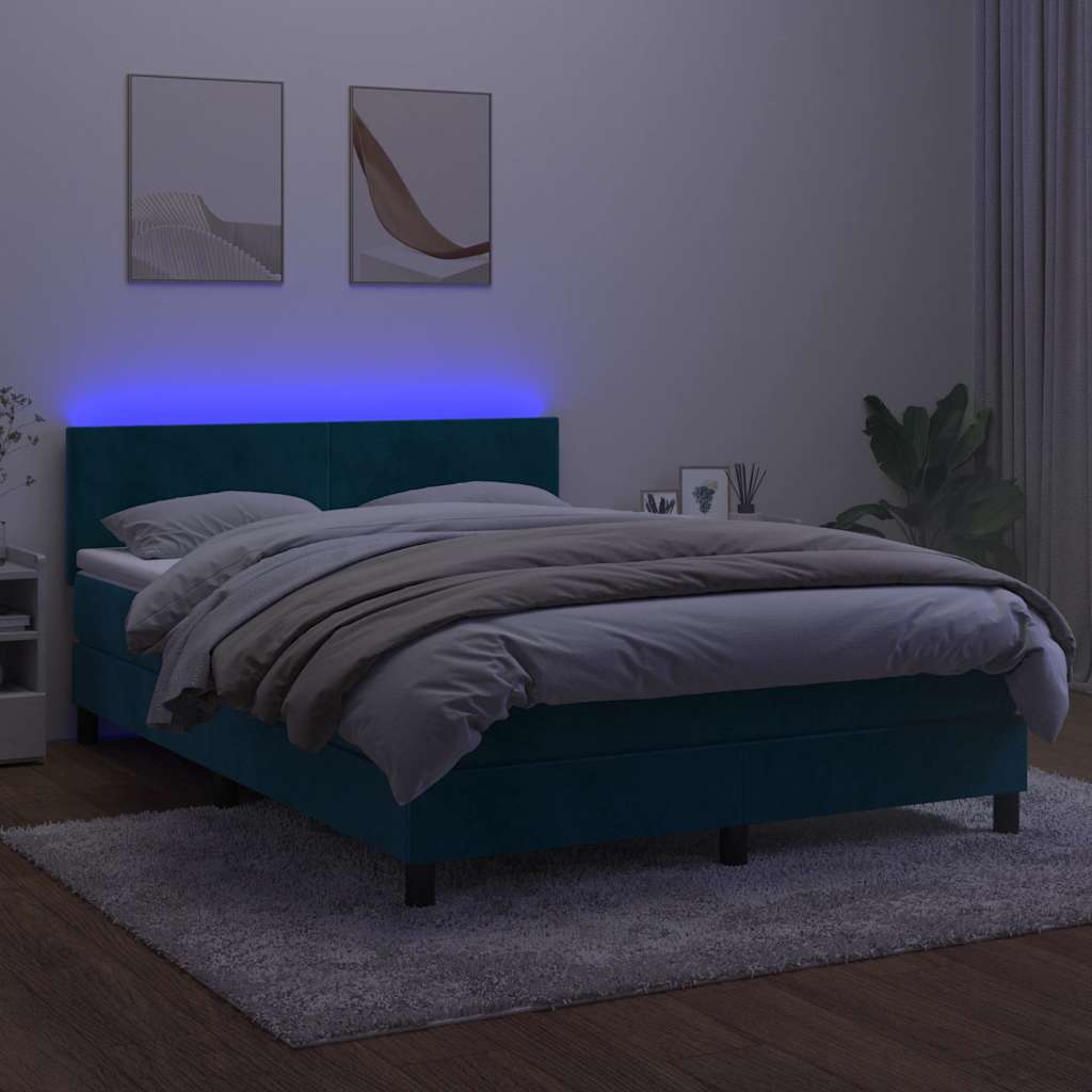 vidaXL Łóżko kontynentalne, materac i LED, niebieski aksamit 140x200cm