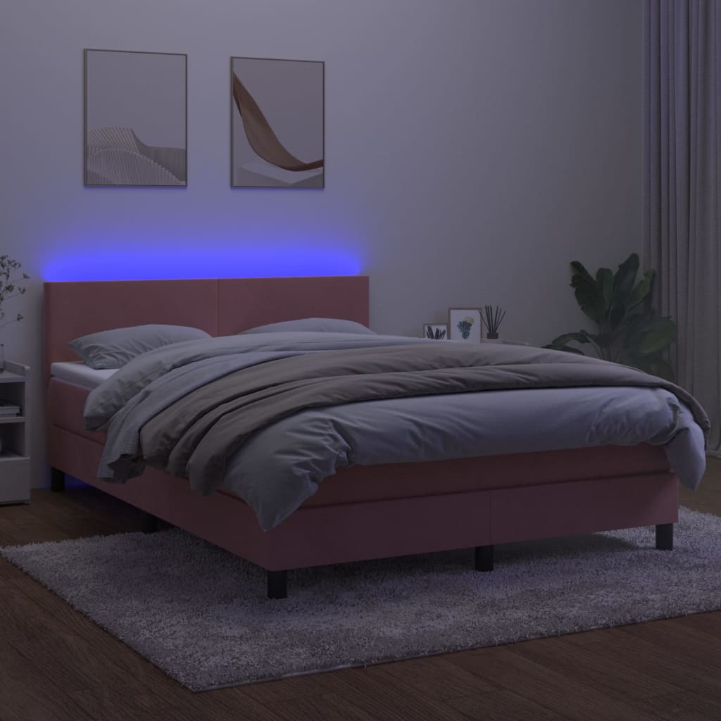 vidaXL Łóżko kontynentalne z materacem i LED, różowy aksamit 140x200cm