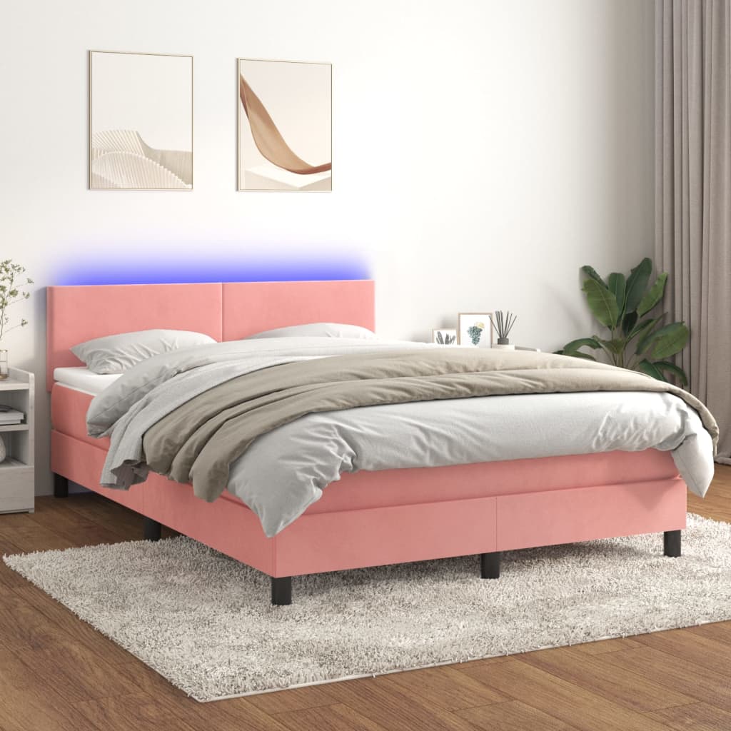 vidaXL Łóżko kontynentalne z materacem i LED, różowy aksamit 140x200cm