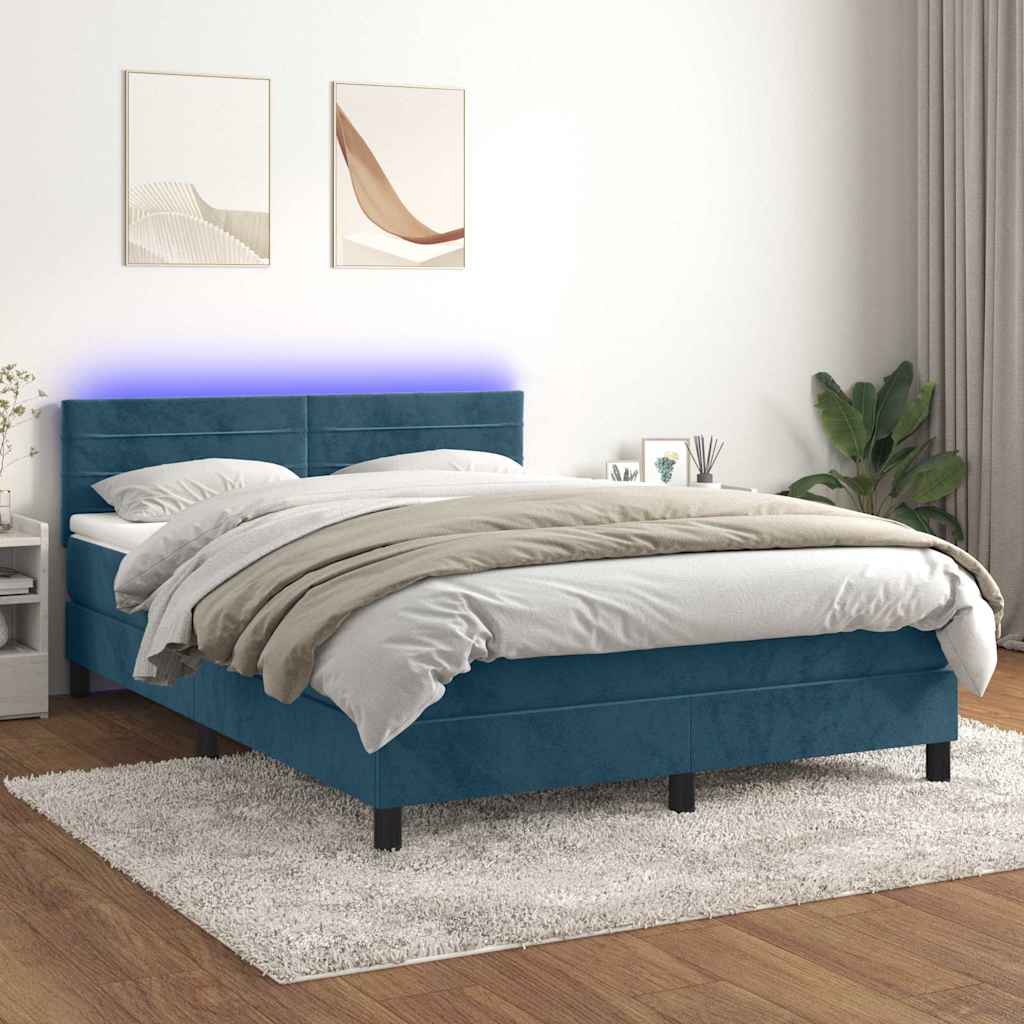 vidaXL Łóżko kontynentalne, materac i LED, niebieski aksamit 140x190cm