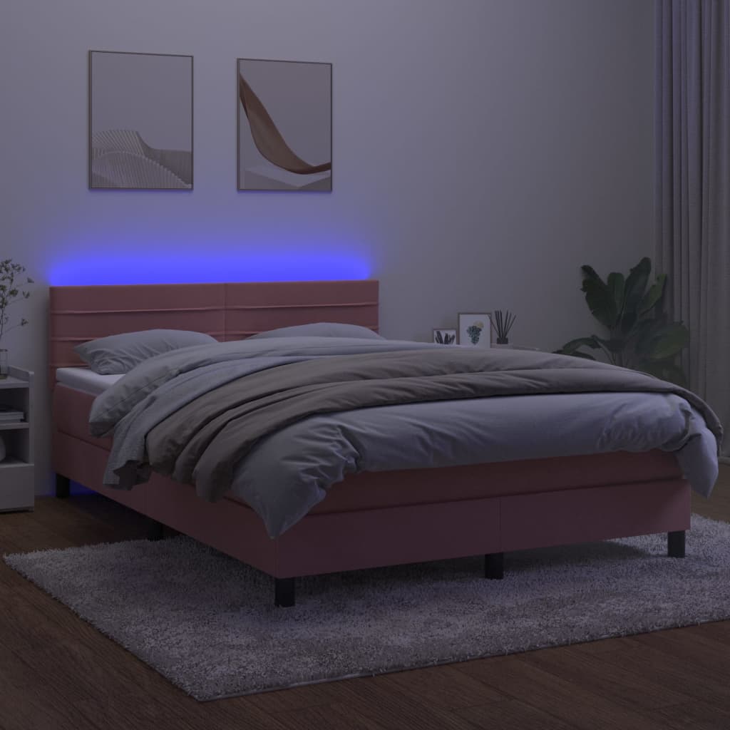 vidaXL Łóżko kontynentalne z materacem i LED, różowy aksamit 140x190cm