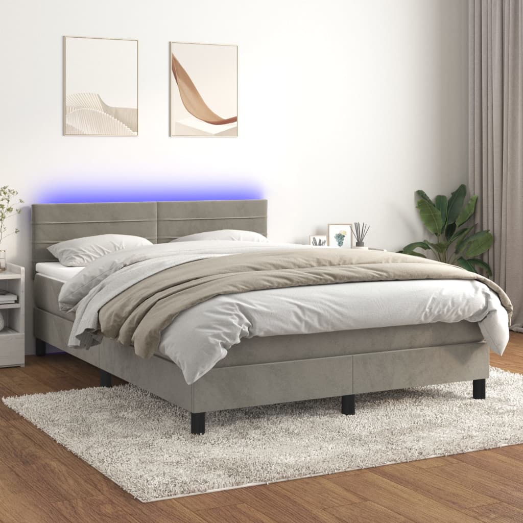 vidaXL Łóżko kontynentalne z materacem i LED, szare 140x200cm, aksamit