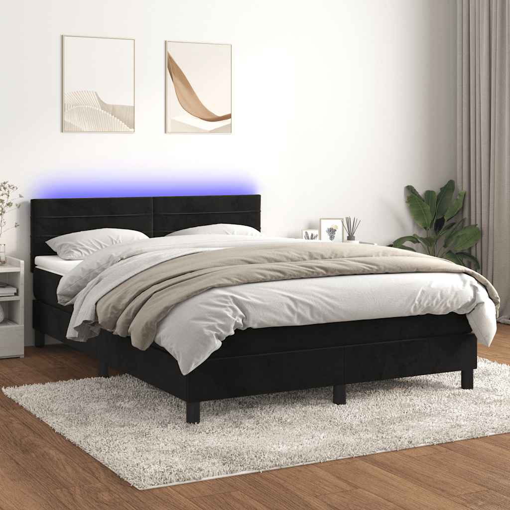 vidaXL Łóżko kontynentalne z materacem i LED, czarny aksamit 140x200cm
