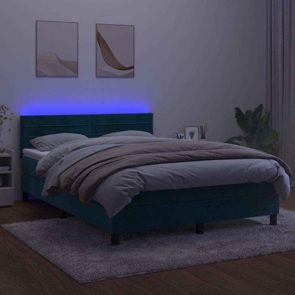 vidaXL Łóżko kontynentalne, materac i LED, niebieski aksamit 140x200cm