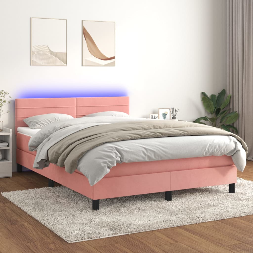 vidaXL Łóżko kontynentalne z materacem i LED, różowy aksamit 140x200cm