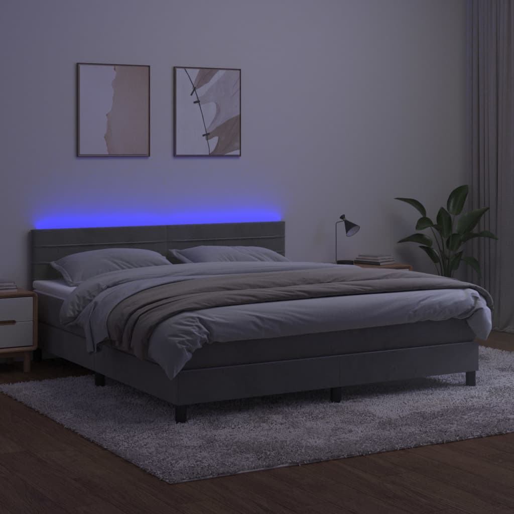 vidaXL Łóżko kontynentalne z materacem i LED, szare 160x200cm, aksamit