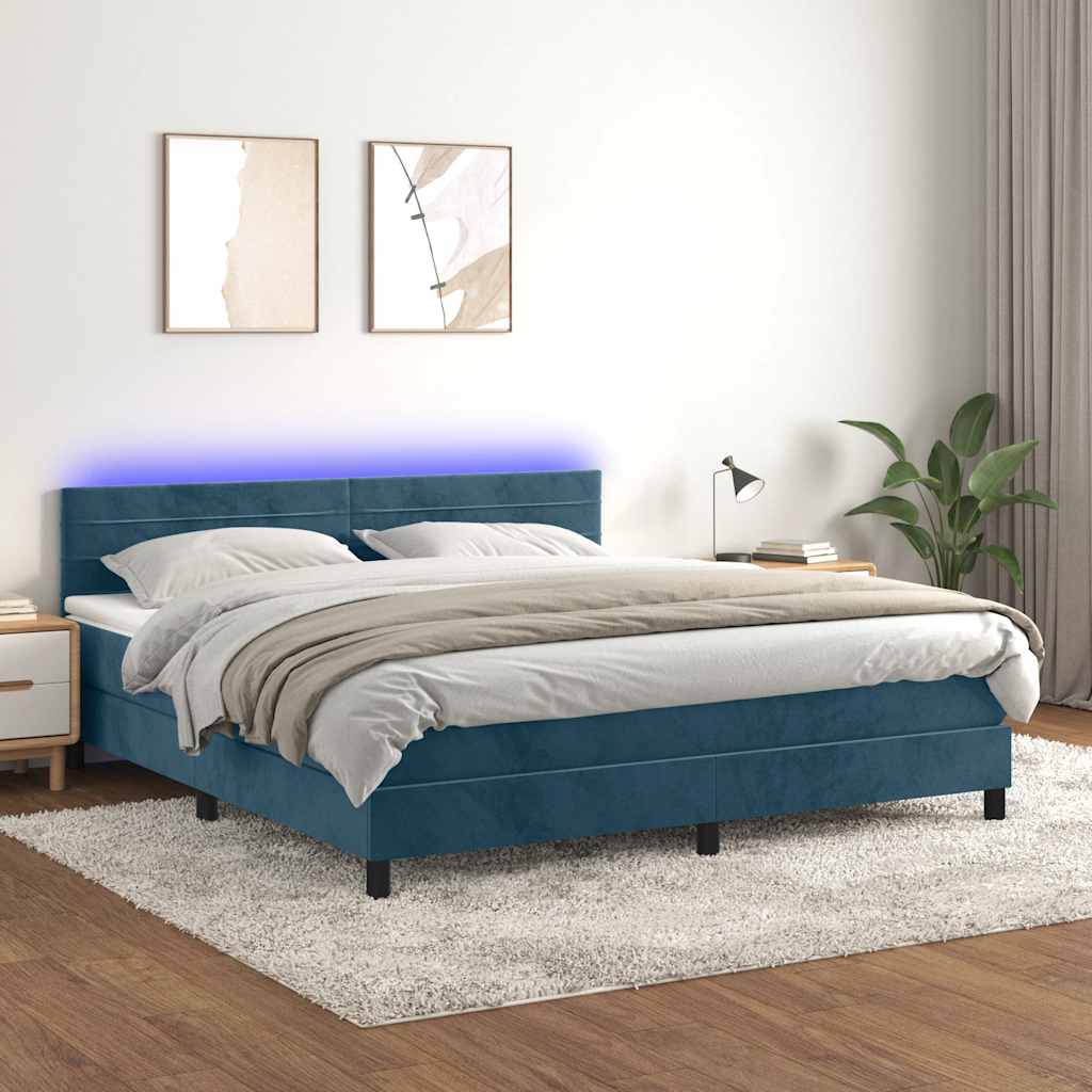 vidaXL Łóżko kontynentalne, materac i LED, niebieski aksamit 160x200cm