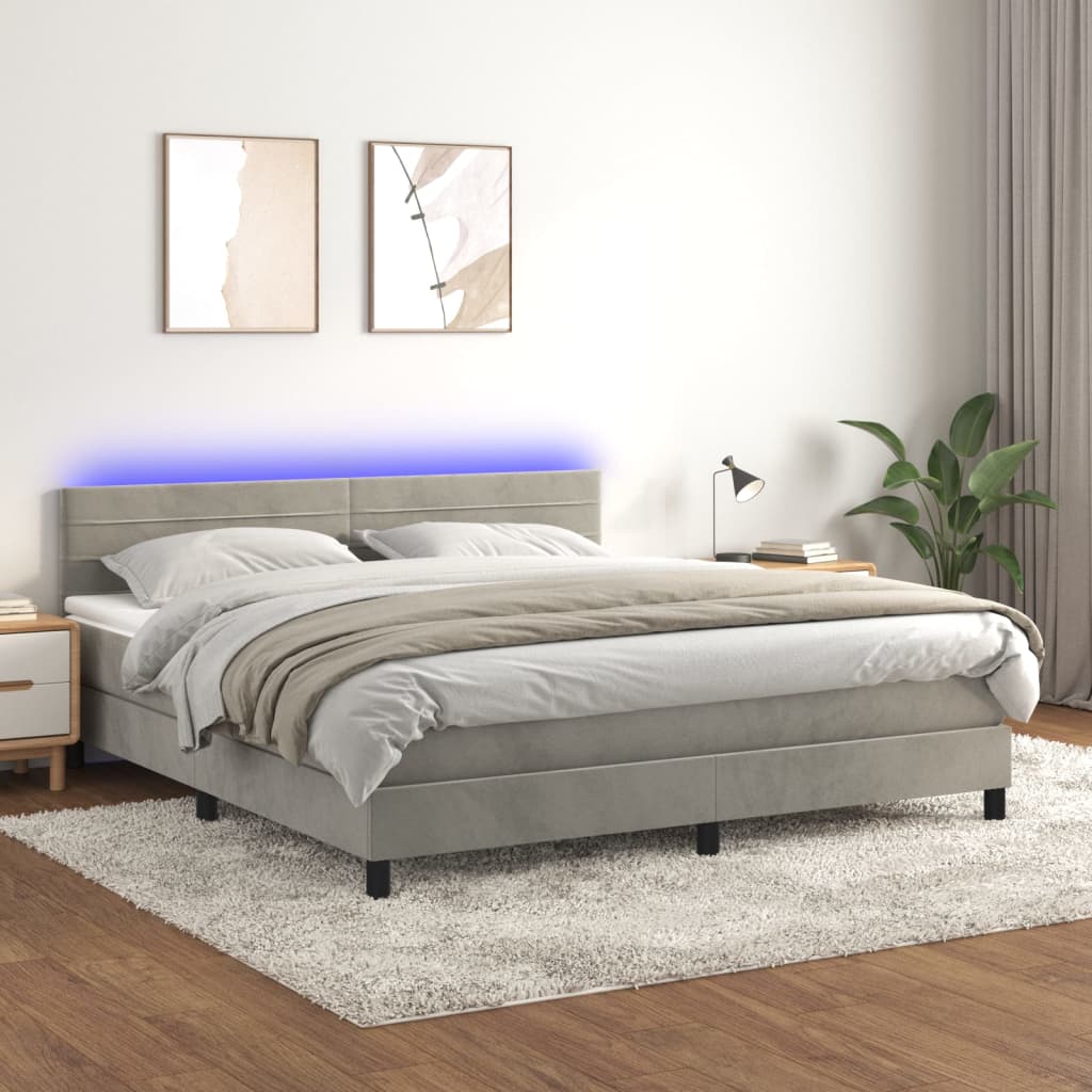 vidaXL Łóżko kontynentalne z materacem i LED, szare 180x200cm, aksamit
