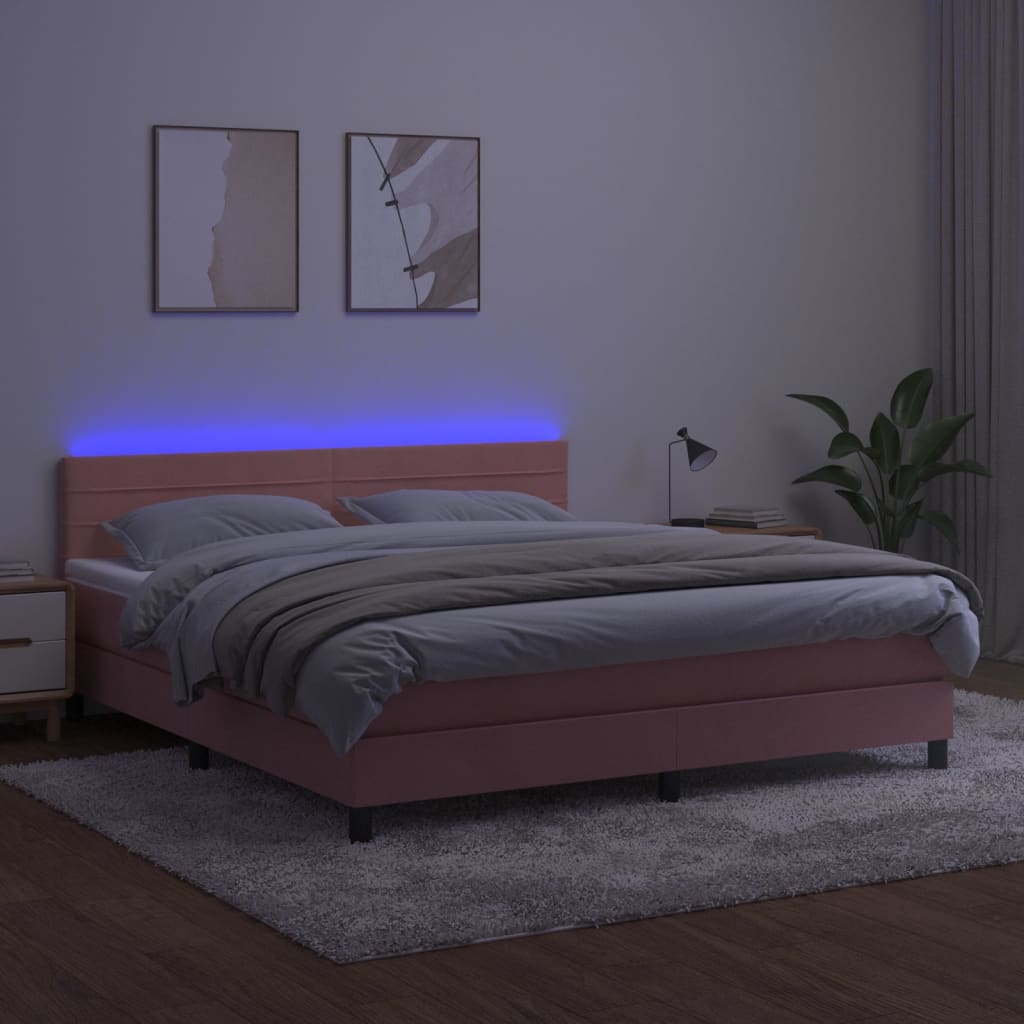 vidaXL Łóżko kontynentalne z materacem i LED, różowy aksamit 180x200cm