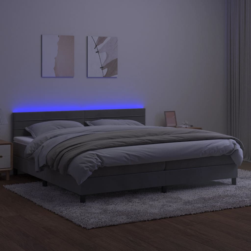 vidaXL Łóżko kontynentalne z materacem i LED, szare 200x200cm, aksamit