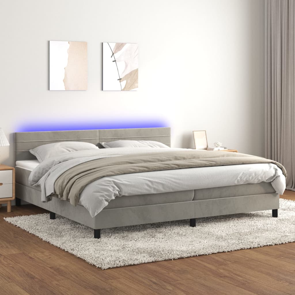 vidaXL Łóżko kontynentalne z materacem i LED, szare 200x200cm, aksamit