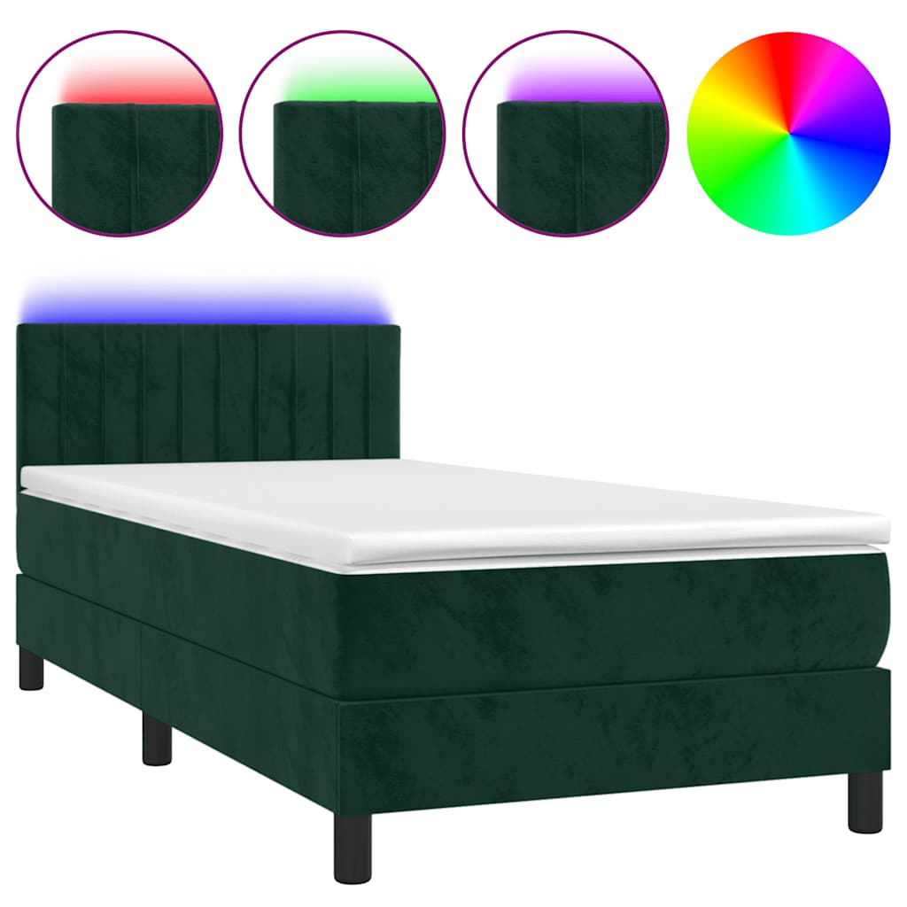 vidaXL Łóżko kontynentalne z materacem i LED zielony aksamit 90x190 cm