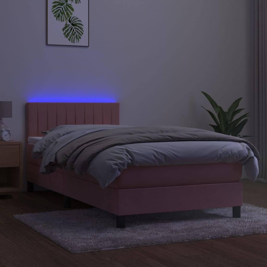vidaXL Łóżko kontynentalne z materacem i LED, różowy aksamit 90x190 cm