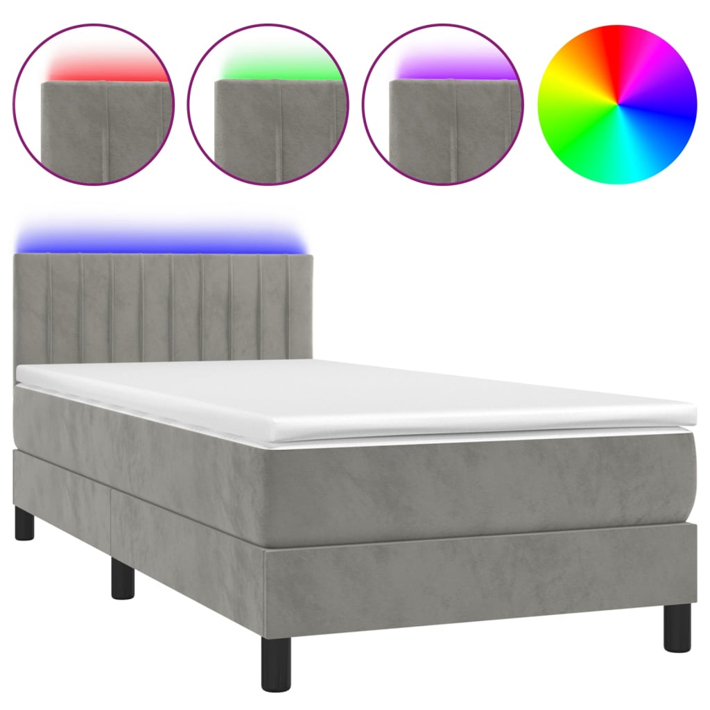 vidaXL Łóżko kontynentalne z materacem i LED, szare 90x200 cm, aksamit
