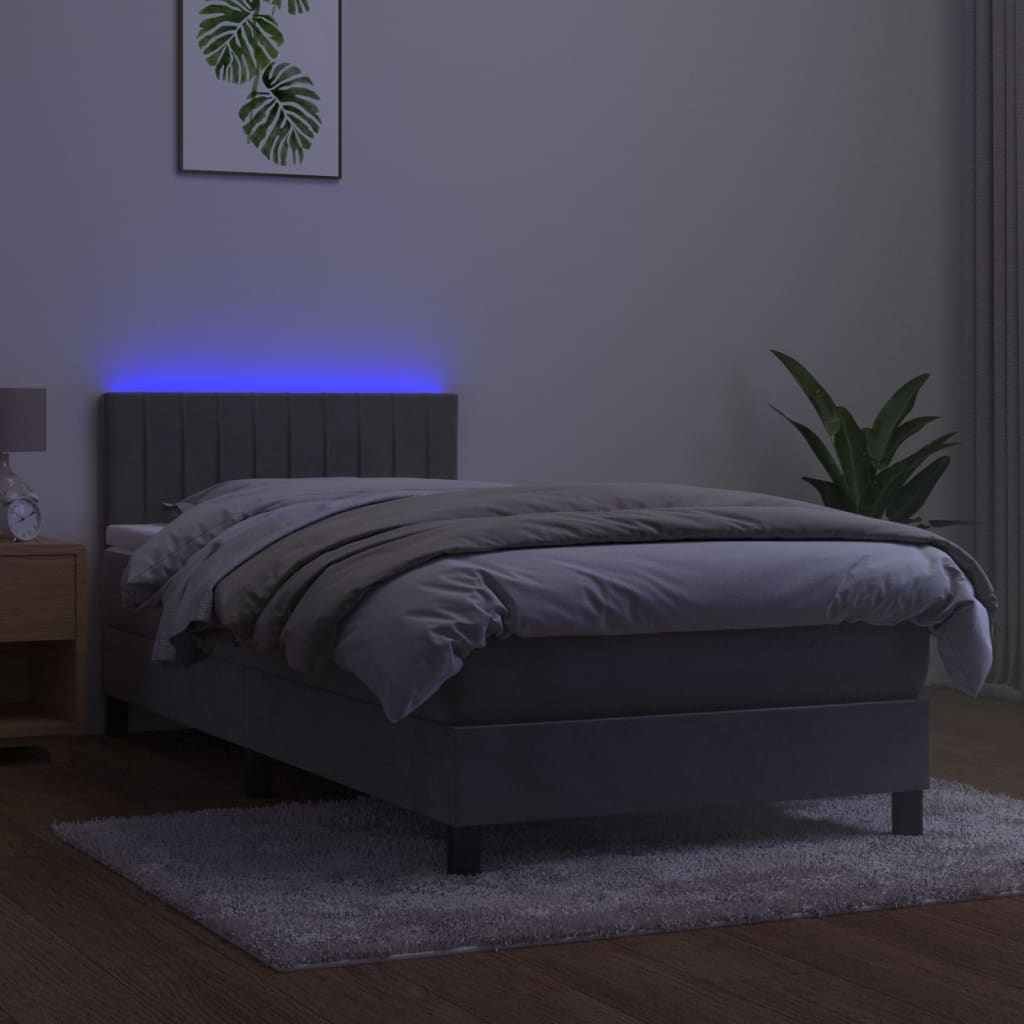vidaXL Łóżko kontynentalne z materacem i LED, szare 90x200 cm, aksamit