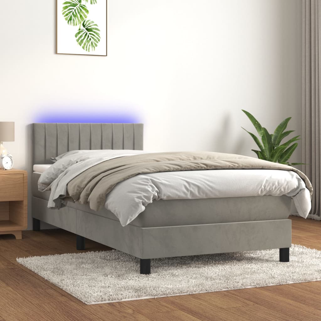 vidaXL Łóżko kontynentalne z materacem i LED, szare 90x200 cm, aksamit