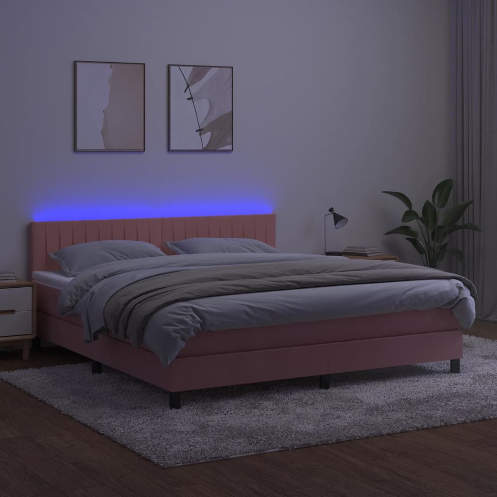 vidaXL Łóżko kontynentalne z materacem i LED, różowy aksamit 180x200cm