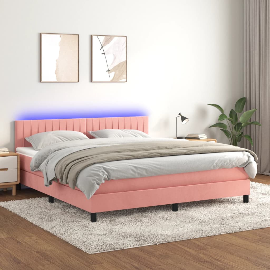 vidaXL Łóżko kontynentalne z materacem i LED, różowy aksamit 180x200cm