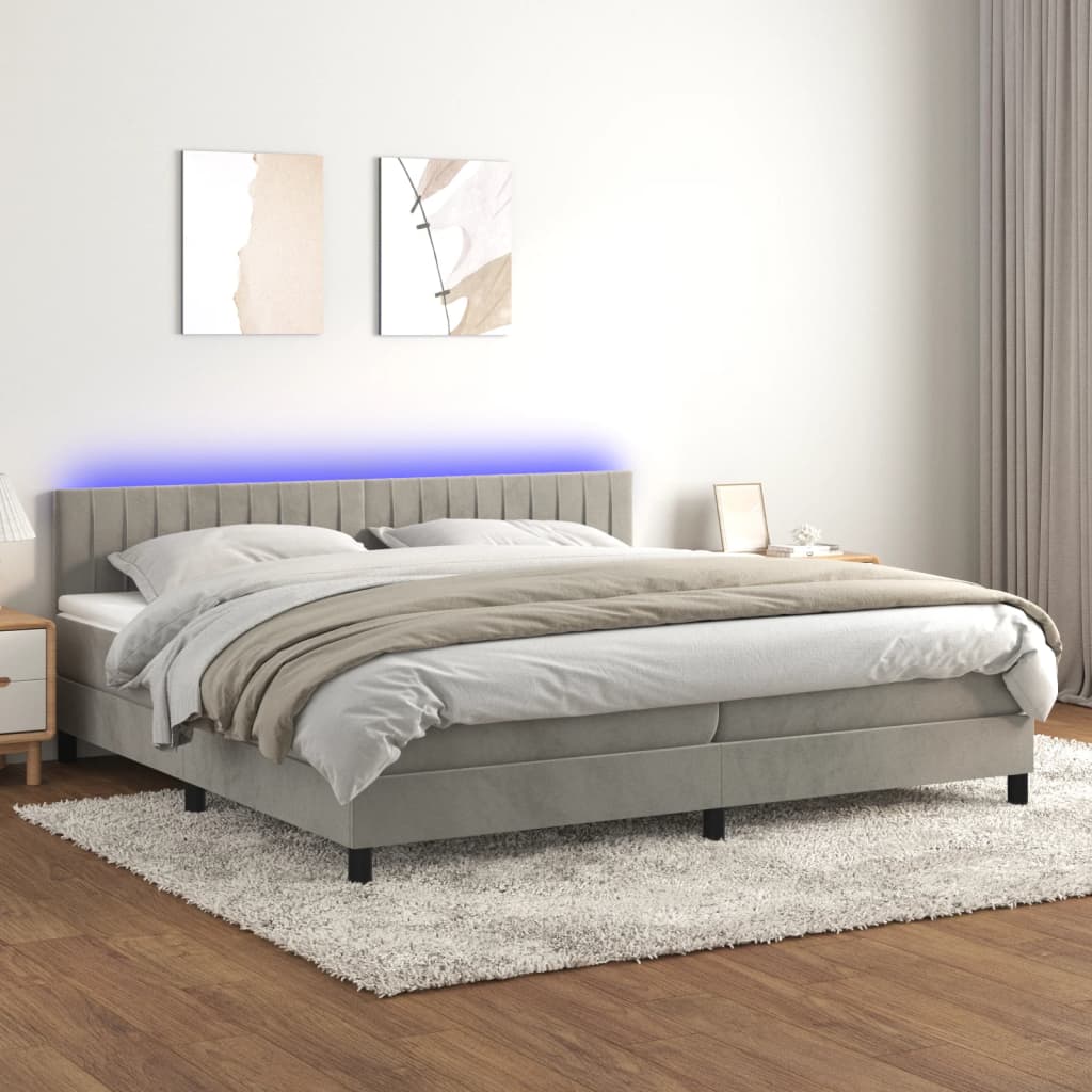 vidaXL Łóżko kontynentalne z materacem i LED, szare 200x200cm, aksamit