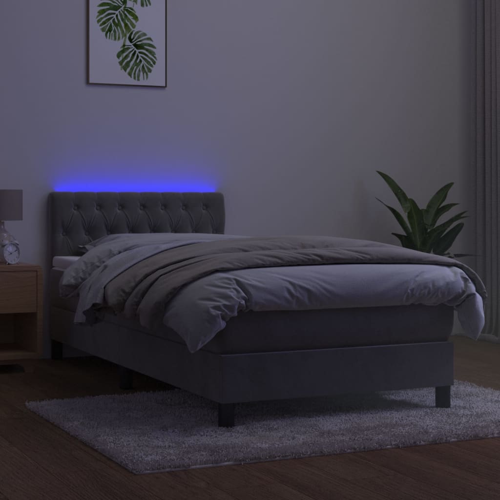 vidaXL Łóżko kontynentalne z materacem i LED, szare 90x190 cm, aksamit