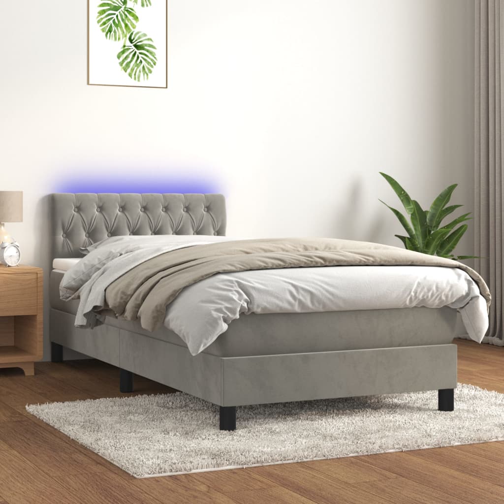 vidaXL Łóżko kontynentalne z materacem i LED, szare 90x190 cm, aksamit
