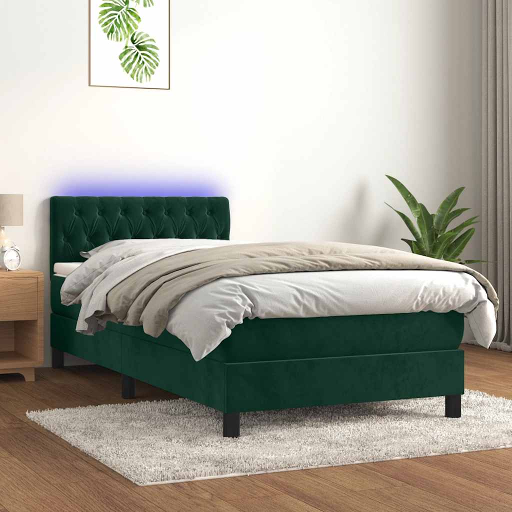 vidaXL Łóżko kontynentalne z materacem i LED zielony aksamit 90x190 cm