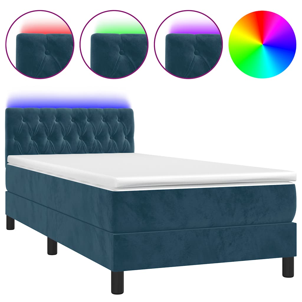 vidaXL Łóżko kontynentalne, materac i LED, niebieski aksamit 90x190 cm