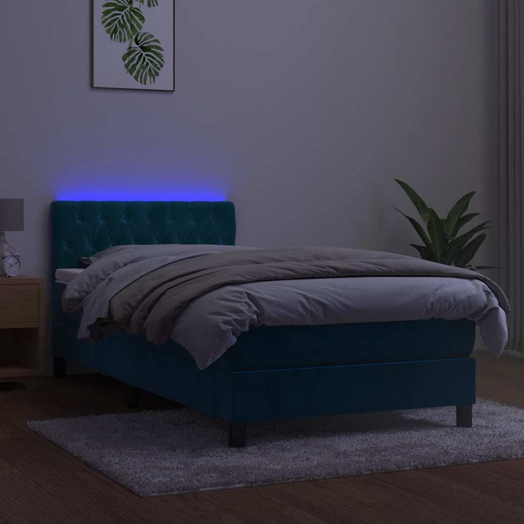 vidaXL Łóżko kontynentalne, materac i LED, niebieski aksamit 90x190 cm