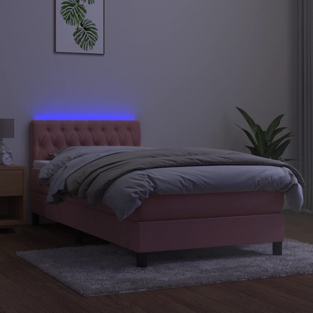 vidaXL Łóżko kontynentalne z materacem i LED, różowy aksamit 90x190 cm