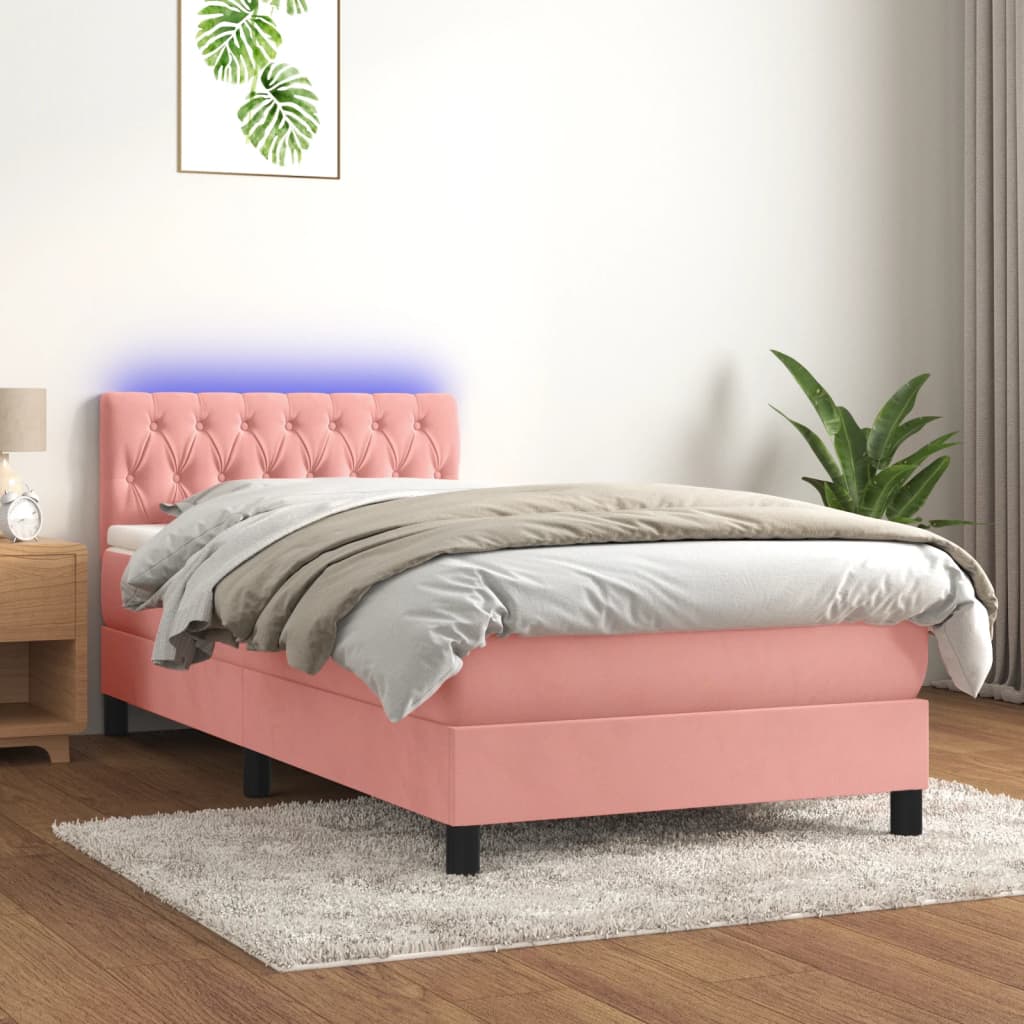 vidaXL Łóżko kontynentalne z materacem i LED, różowy aksamit 90x190 cm