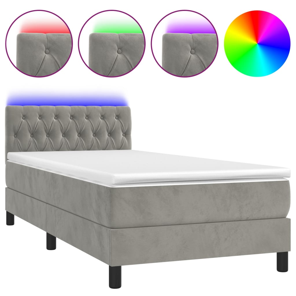 vidaXL Łóżko kontynentalne z materacem i LED, szare 90x200 cm, aksamit
