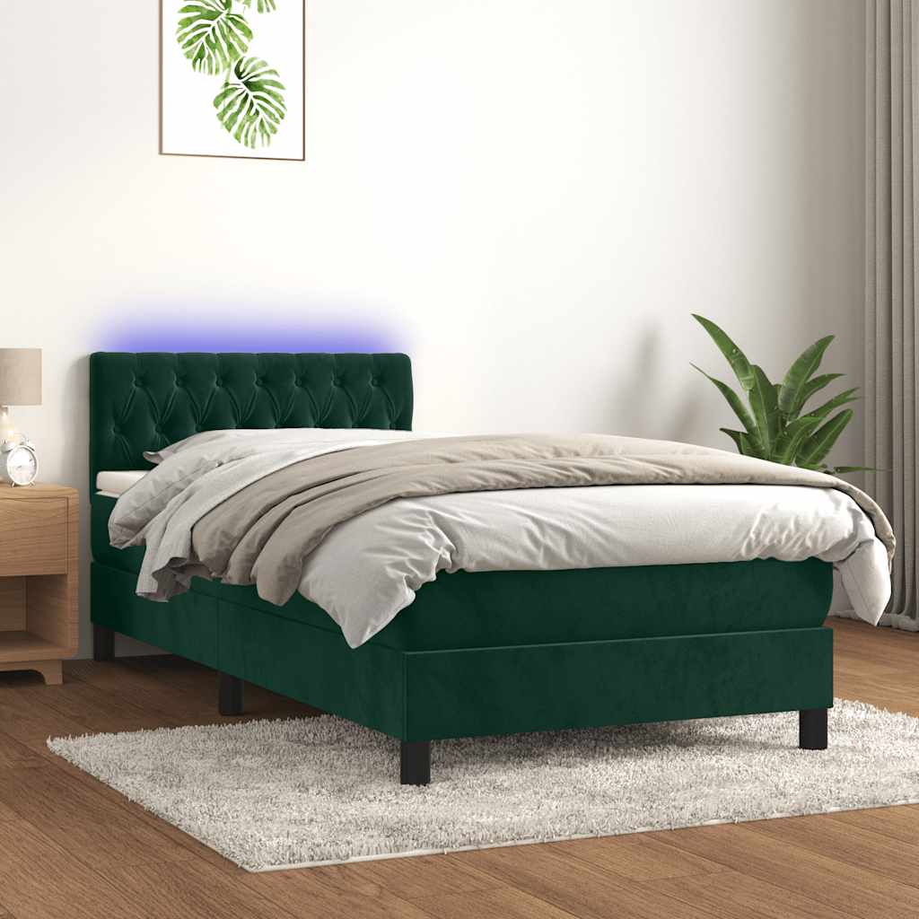 vidaXL Łóżko kontynentalne z materacem i LED zielony aksamit 90x200 cm
