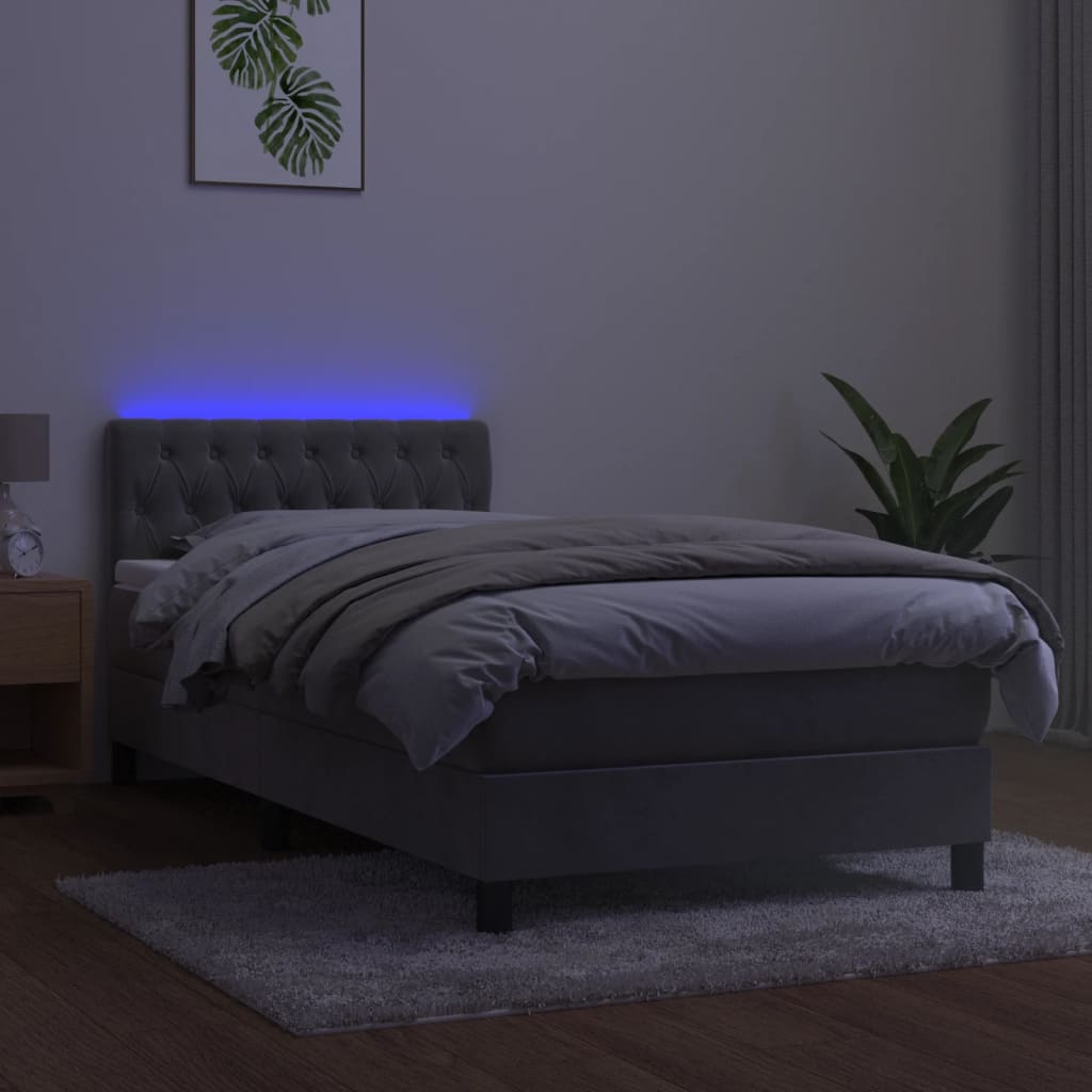 vidaXL Łóżko kontynentalne z materacem i LED, szare 100x200cm, aksamit