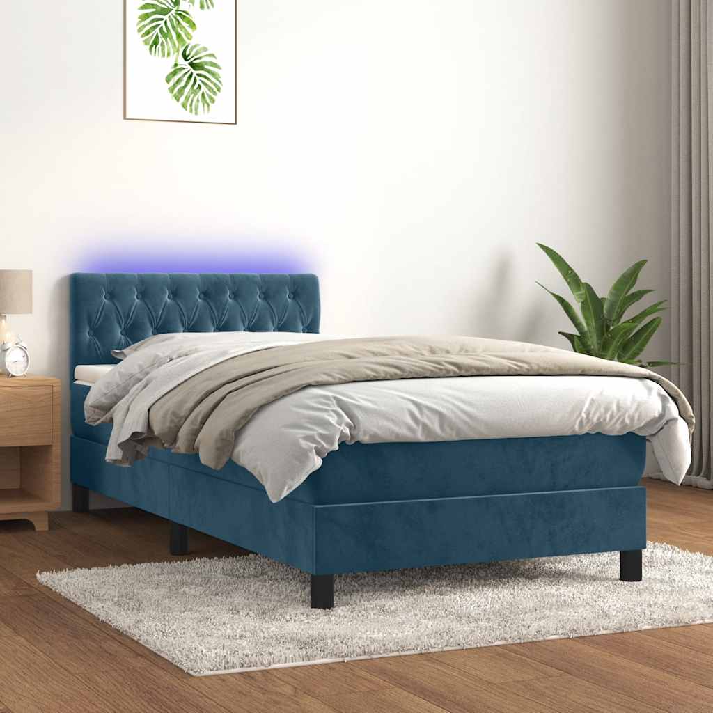 vidaXL Łóżko kontynentalne, materac i LED, niebieski aksamit 100x200cm