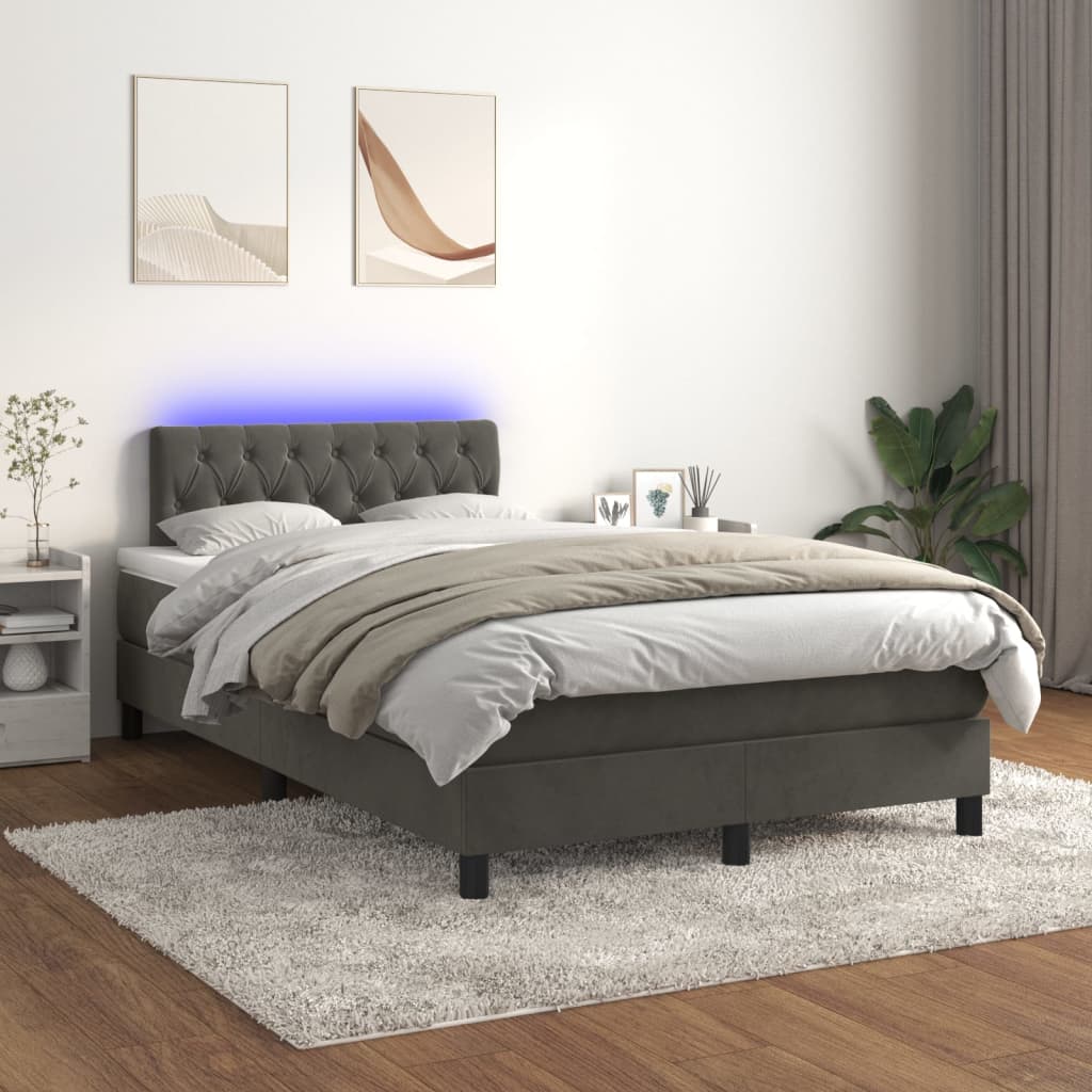 vidaXL Łóżko kontynentalne z materacem i LED, szary aksamit, 120x200cm
