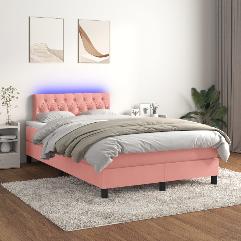 vidaXL Łóżko kontynentalne z materacem i LED, różowy aksamit 120x200cm