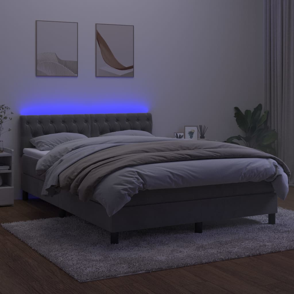 vidaXL Łóżko kontynentalne z materacem i LED, jasnoszare, 140x190cm, aksamit