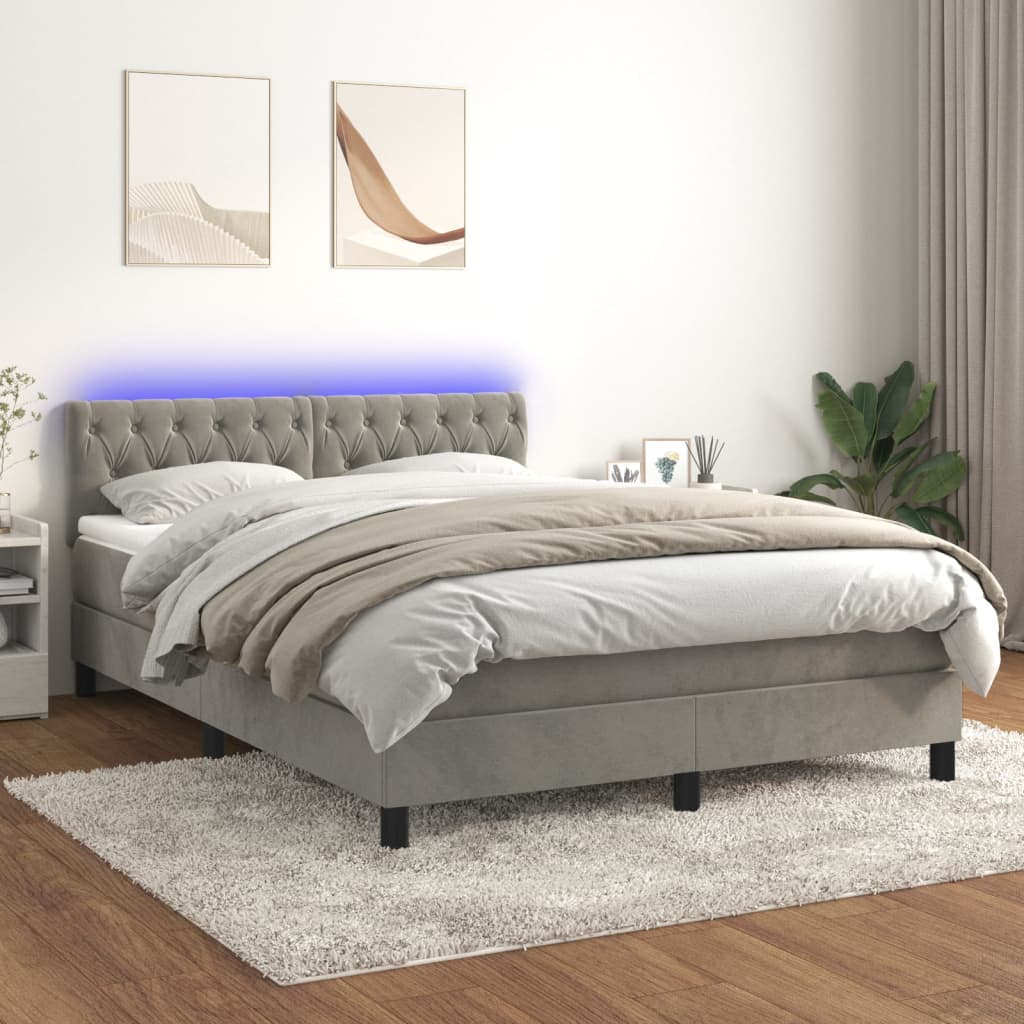 vidaXL Łóżko kontynentalne z materacem i LED, jasnoszare, 140x190cm, aksamit