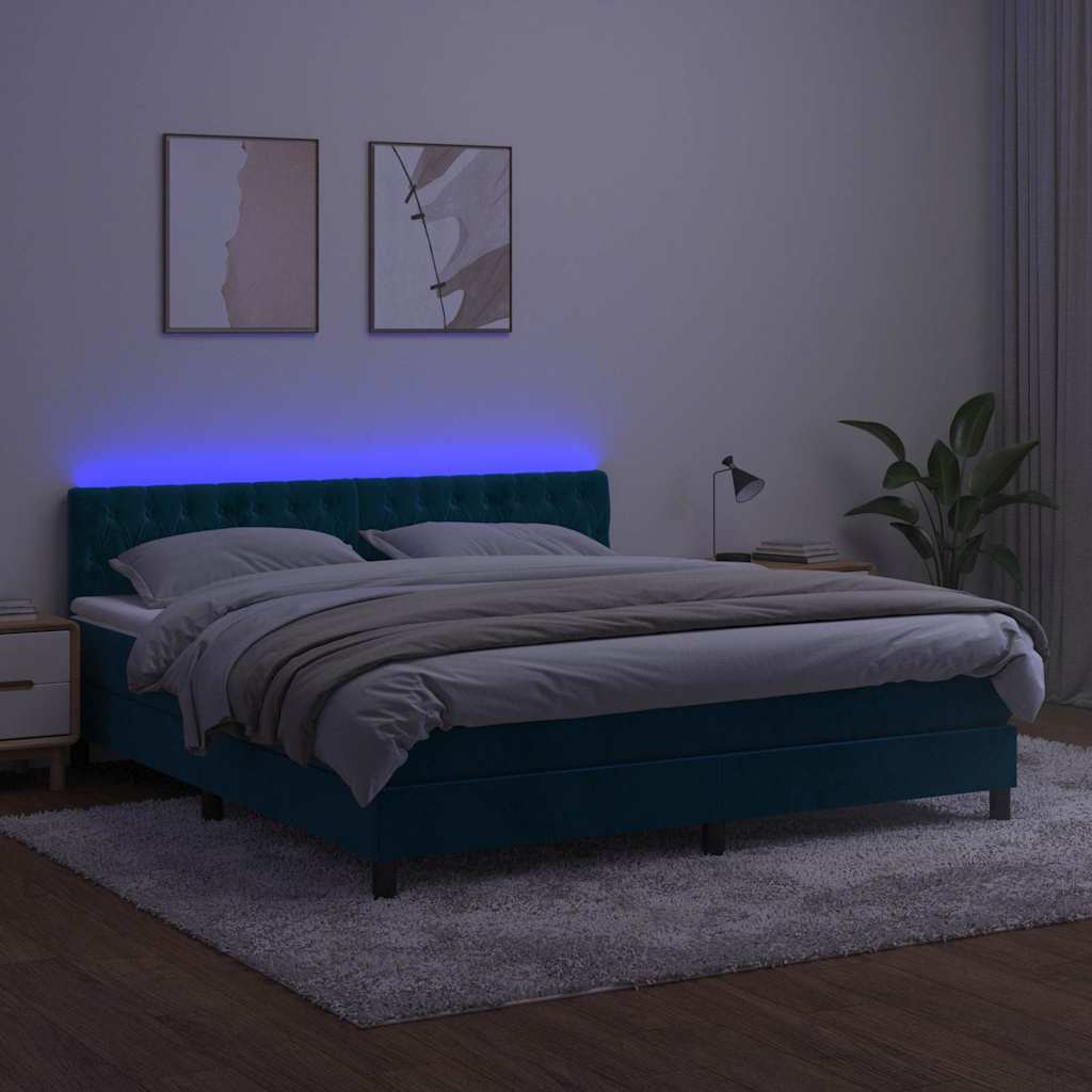 vidaXL Łóżko kontynentalne, materac i LED, niebieski aksamit 180x200cm