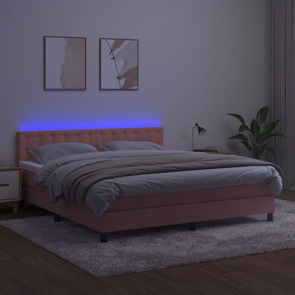 vidaXL Łóżko kontynentalne z materacem i LED, różowy aksamit 160x200cm