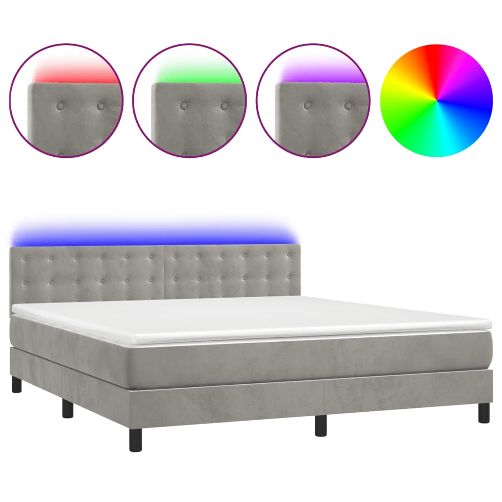 vidaXL Łóżko kontynentalne z materacem i LED, szare 180x200cm, aksamit