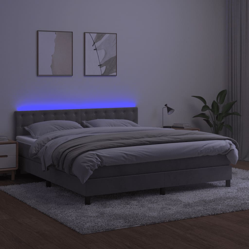 vidaXL Łóżko kontynentalne z materacem i LED, szare 180x200cm, aksamit