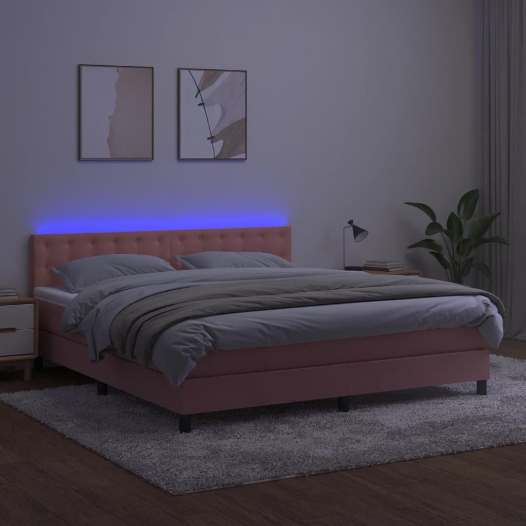 vidaXL Łóżko kontynentalne z materacem i LED, różowy aksamit 180x200cm