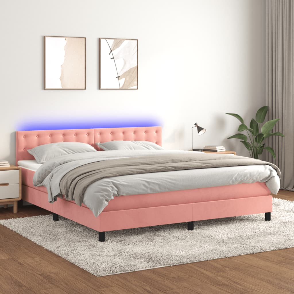 vidaXL Łóżko kontynentalne z materacem i LED, różowy aksamit 180x200cm
