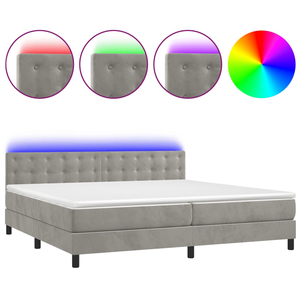vidaXL Łóżko kontynentalne z materacem i LED, szare 200x200cm, aksamit